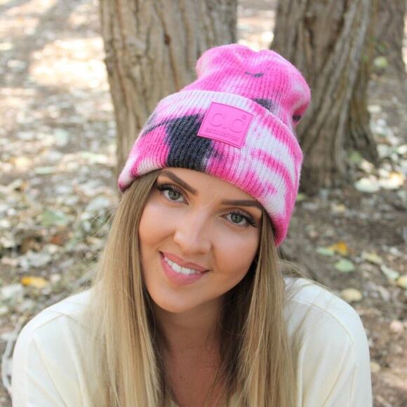 C.C Exclusive Adult Pink Tie Dye Beanie Cuffed Skull Cap Rubber Patch Heavy Knit - Picture 1 of 10